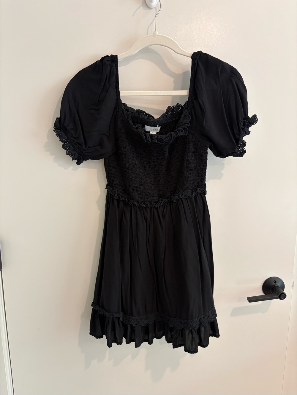 Topshop Black Puff-Sleeve Smocked Babydoll Cottagecore Peasant Boho Black Dress